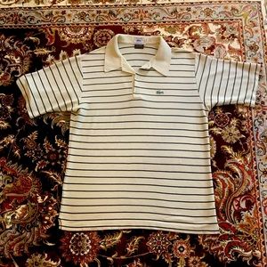 IZOD LACOSTE Collared Short Sleeve Tan/Blue Striped Polo Shirt Men's Sz Large